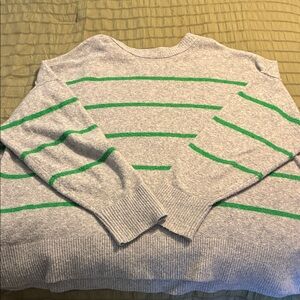 Aerie Gray and Green Striped Crew Neck Sweater